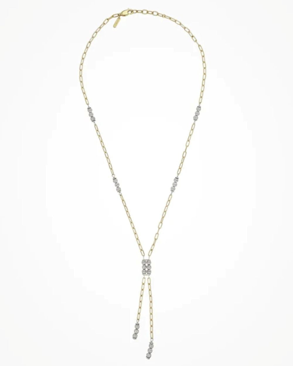 A delicate gold chain necklace with small silver-toned bead accents and a central pendant cluster