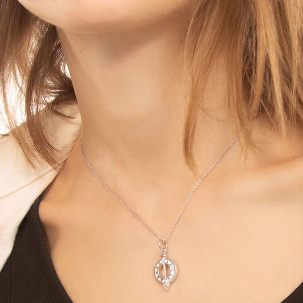 MRK Mini Sterling Silver White Enamel Sundial Charm Necklace