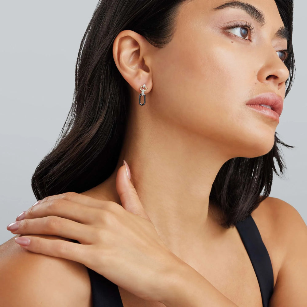 Lagos Signature Caviar Small 18k Gold & Black Ceramic Diamond Link Drop Earrings