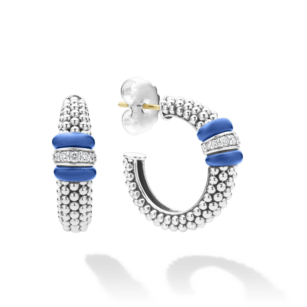 Lagos SS Ceramic Caviar Diamond Hoop Earrings