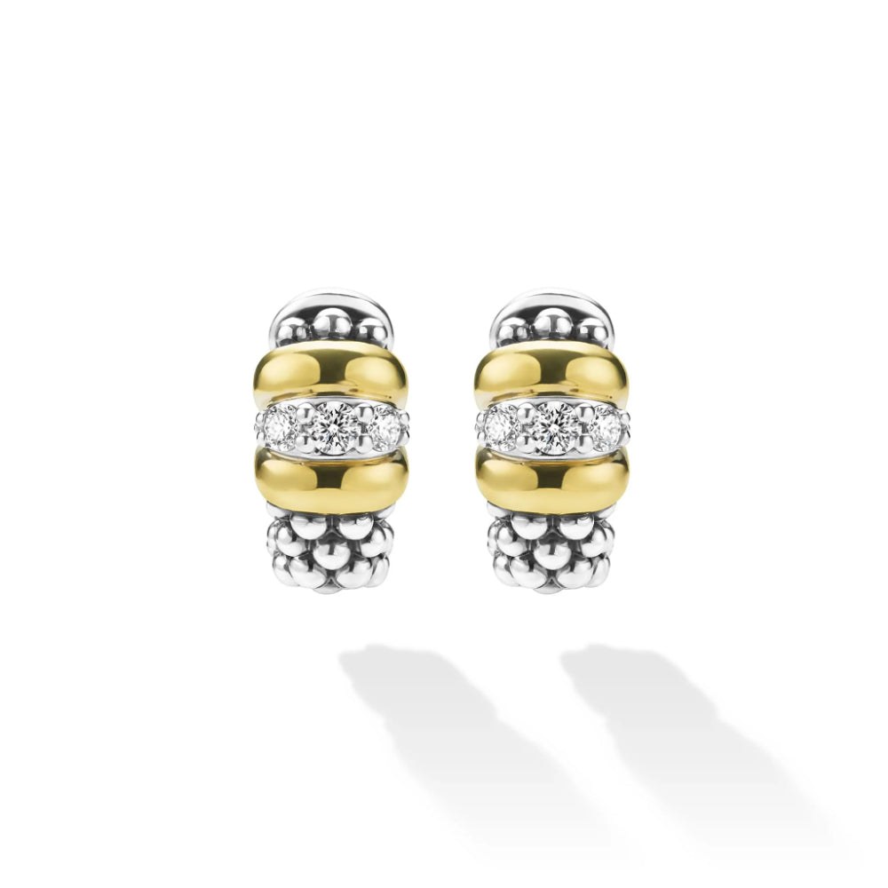 Lagos Signature Caviar Two-Tone Beaded Diamond Huggie Earrings