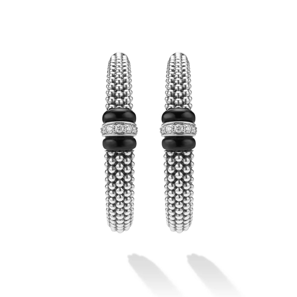 Lagos Black Caviar Large Black Ceramic Diamond Hoop Earrings