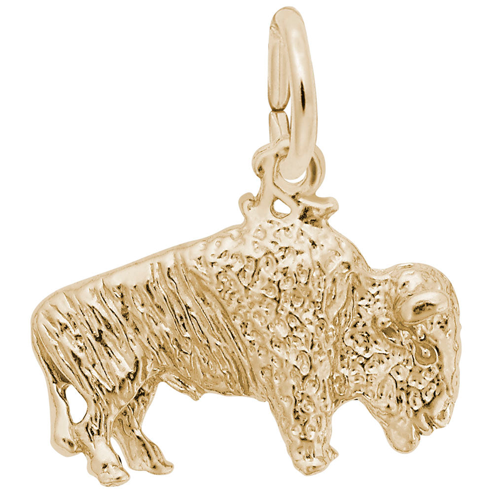 Gold buffalo shaped charm with a textured finish shown on a white background