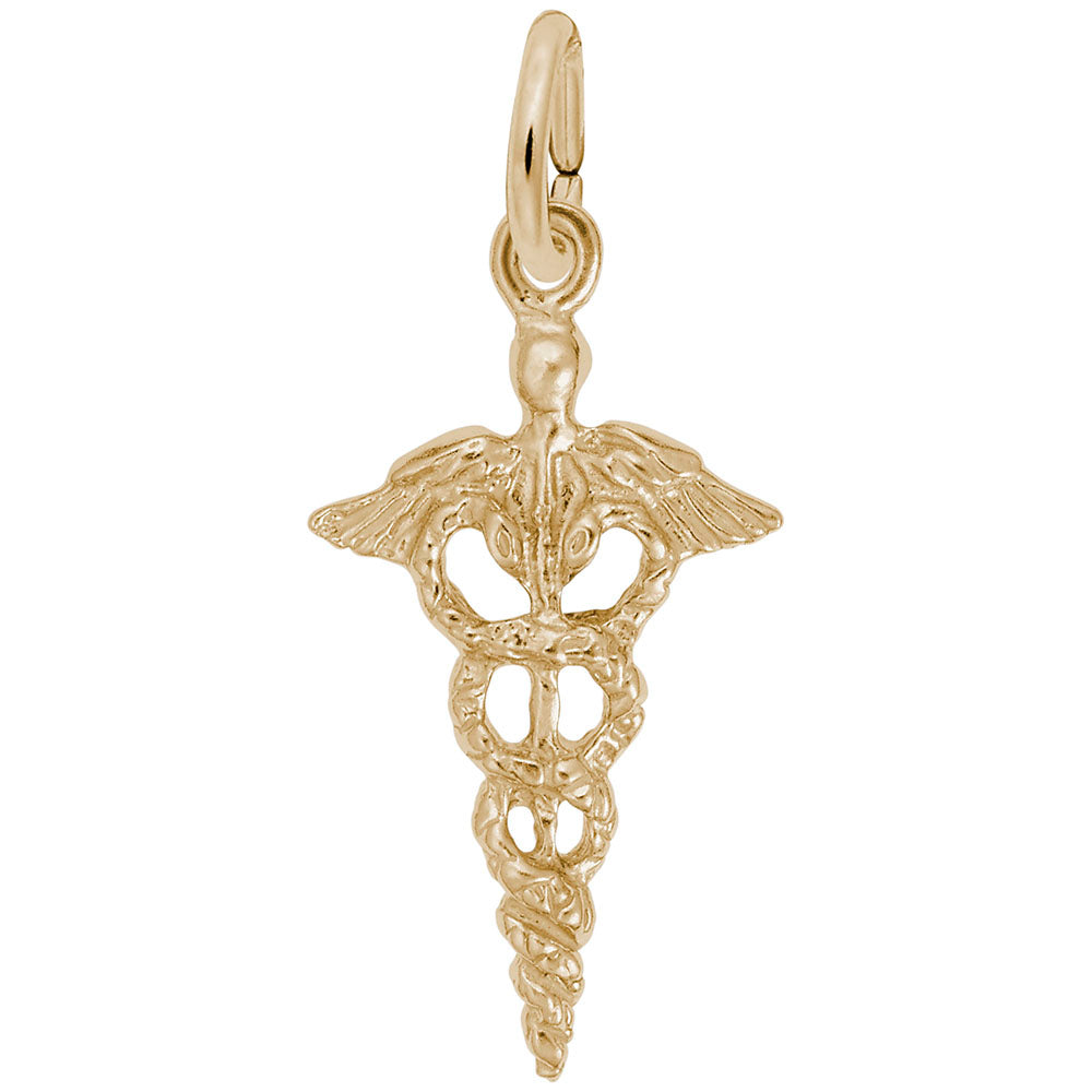 Gold caduceus medical symbol charm on a white background