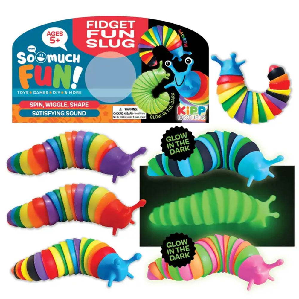 Colorful fidget toy shaped like a caterpillar with packaging and glow-in-the-dark option.