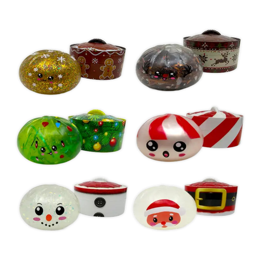 A variety of Christmas squishies on a white background.