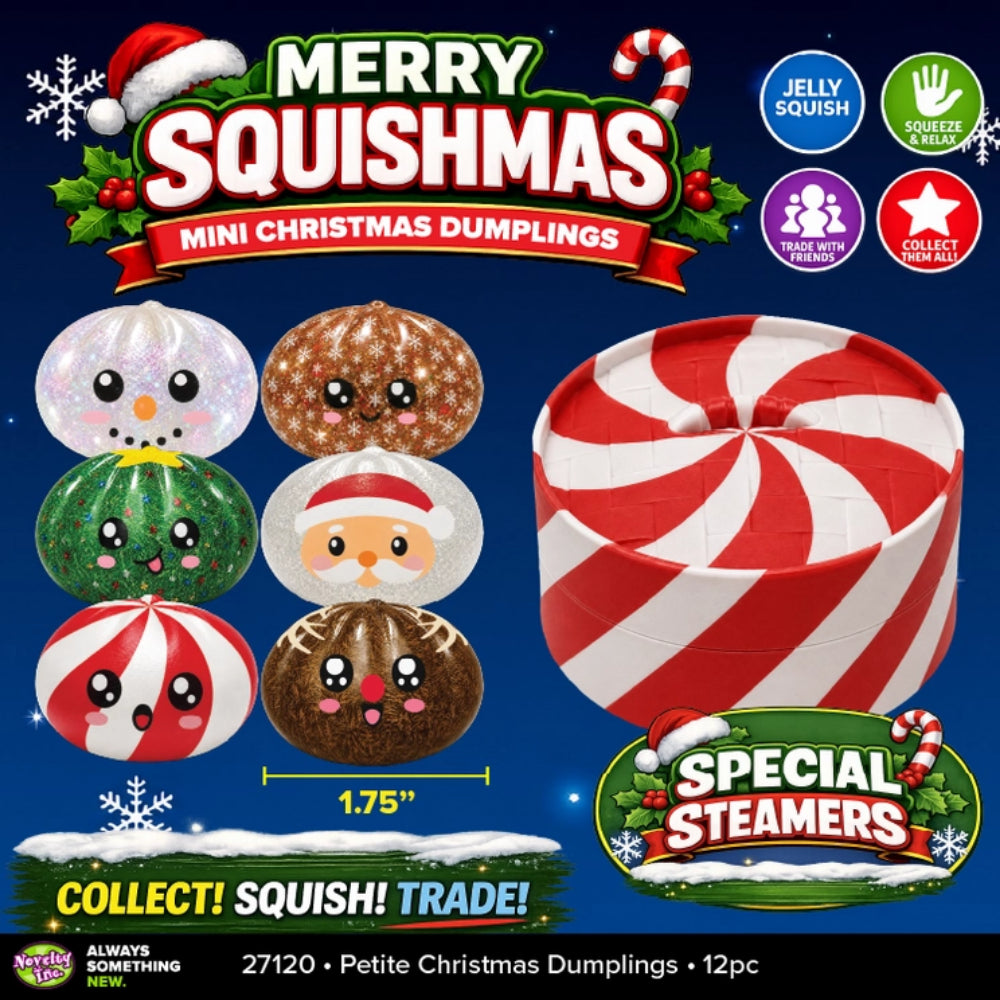 Promotional product graphic for Merry Squishmas Mini Christmas Dumplings, showing a large red-and-white striped squishy container and six small festive dumpling shapes with cartoon faces. Text highlights features like jelly squishy, squeaker cream, steam with tea, collectable, and special steamers.