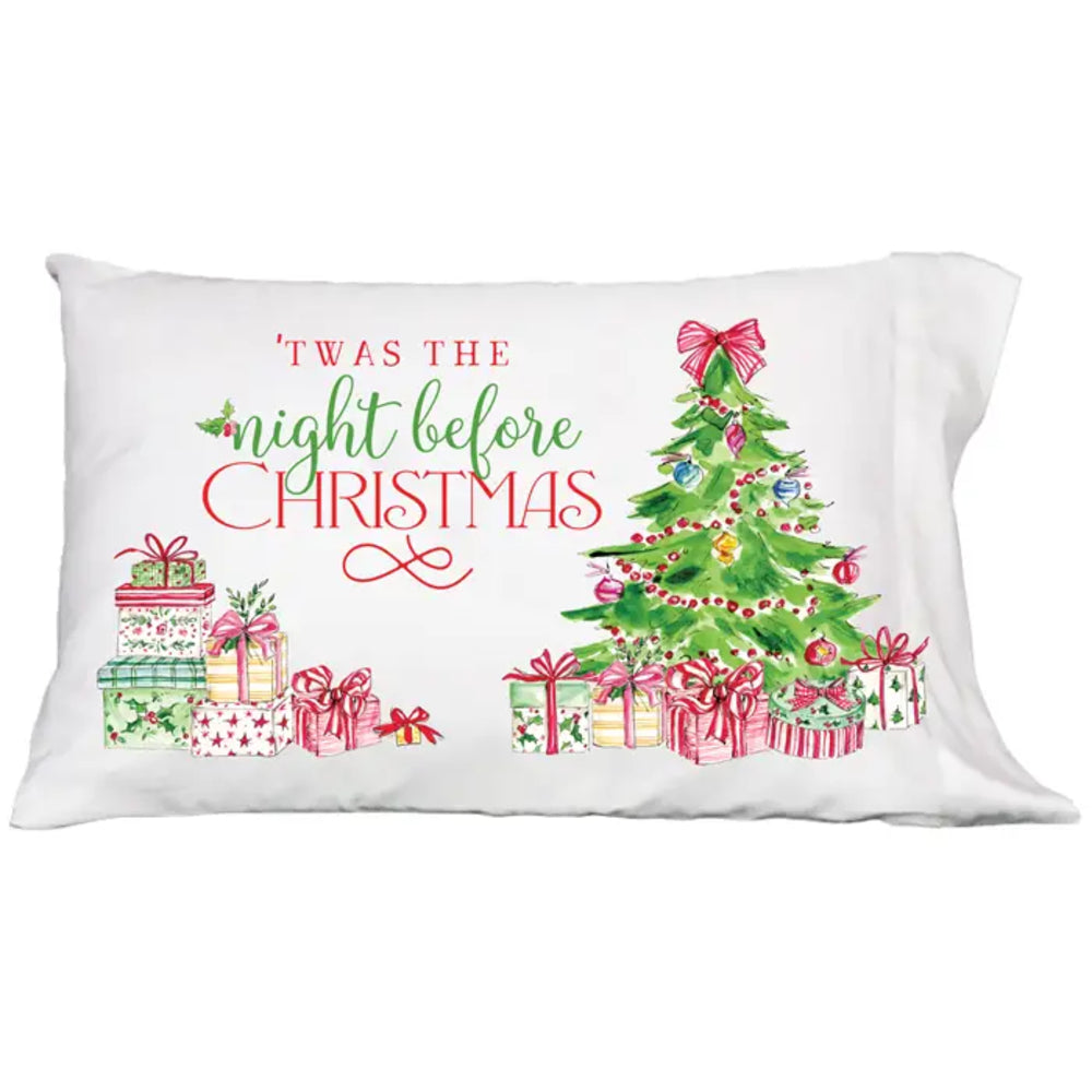 A white rectangular pillow sham featuring a festive Christmas watercolor design with the text "'Twas the night before Christmas," a decorated green tree, ornaments, and wrapped presents.