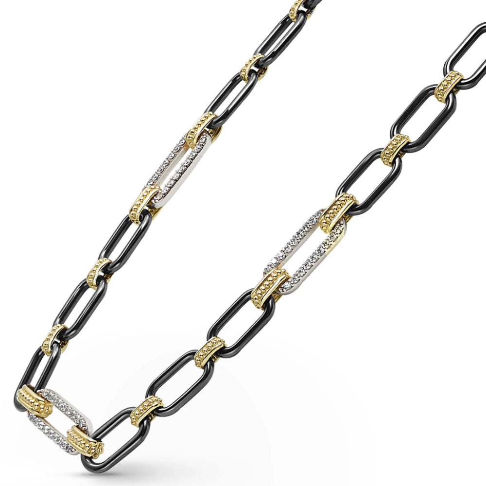 Lagos 18k Gold and Black Ceramic Three Diamond Station Link Necklace, 6mm
