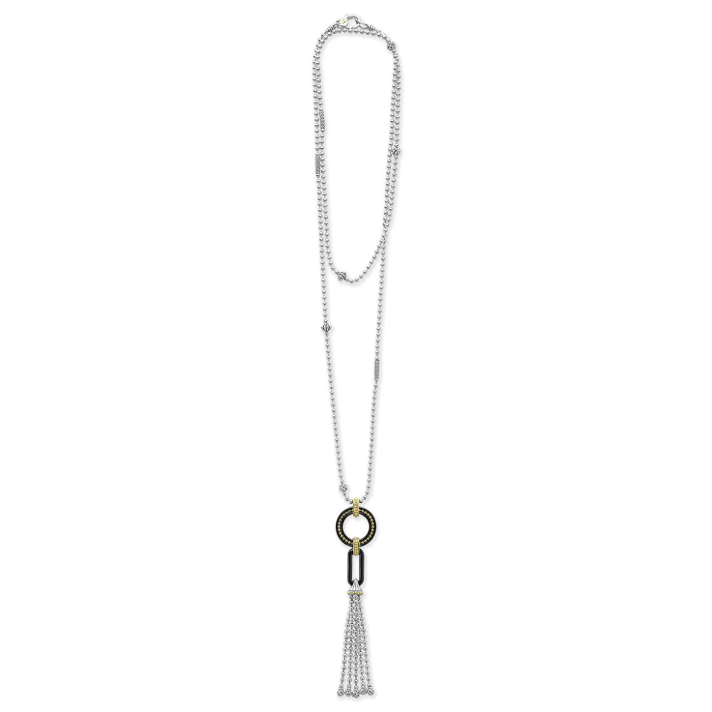 Lagos Black Caviar Two-Tone Black Ceramic Tassel Pendant Necklace