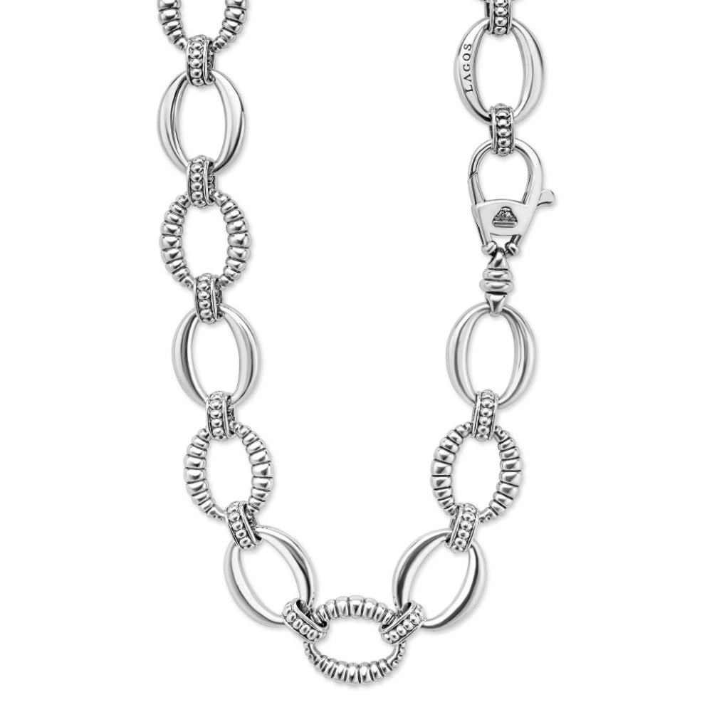 Lagos Signature Caviar Sterling Silver Oval Fluted Link Necklace, 18mm
