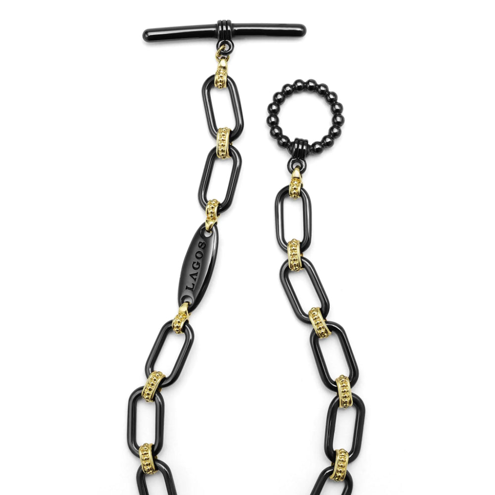 Lagos Signature Caviar 18k Gold and Black Ceramic Diamond Station Link Bracelet, 6mm