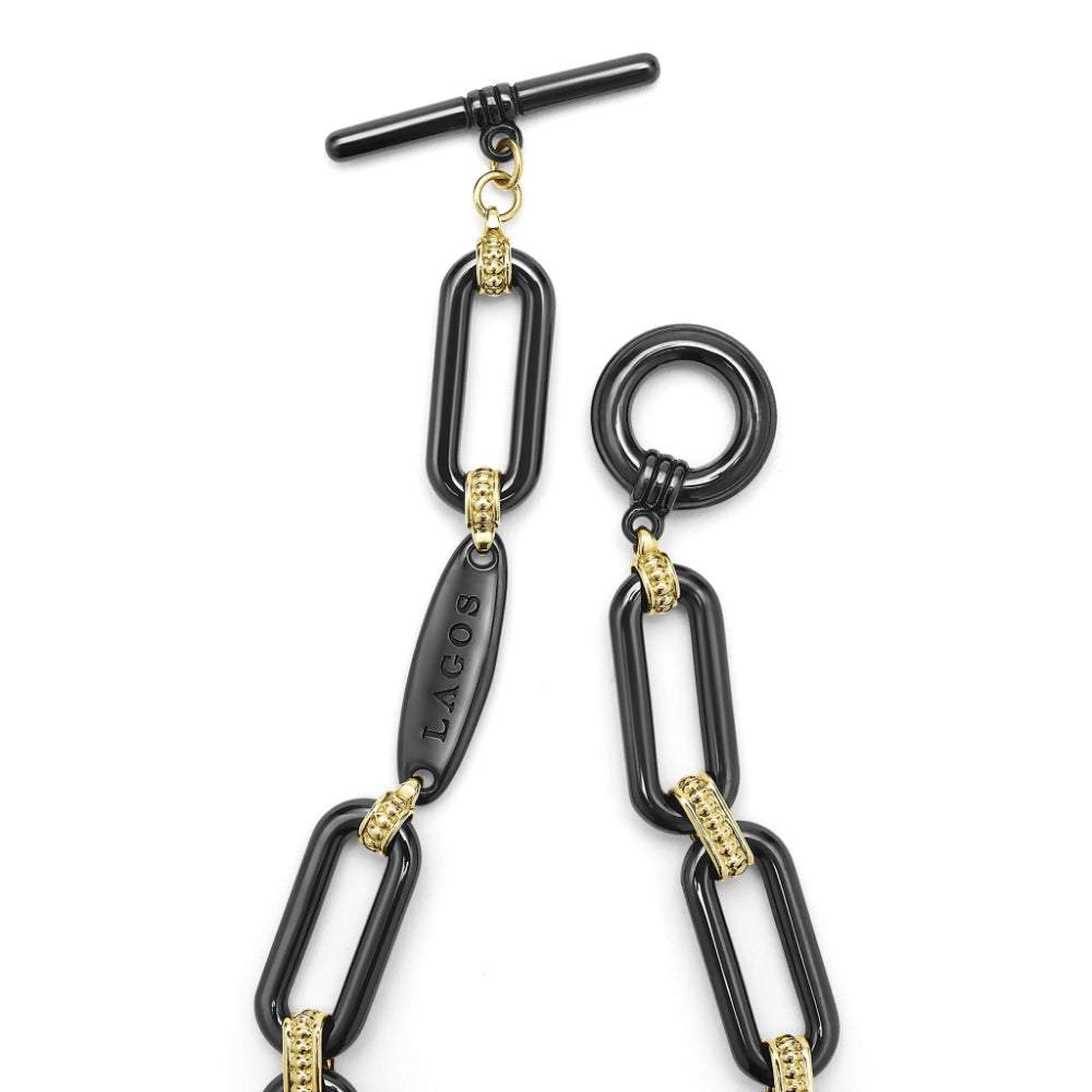 Lagos Signature Caviar 18k Gold and Black Ceramic Diamond Station Link Bracelet