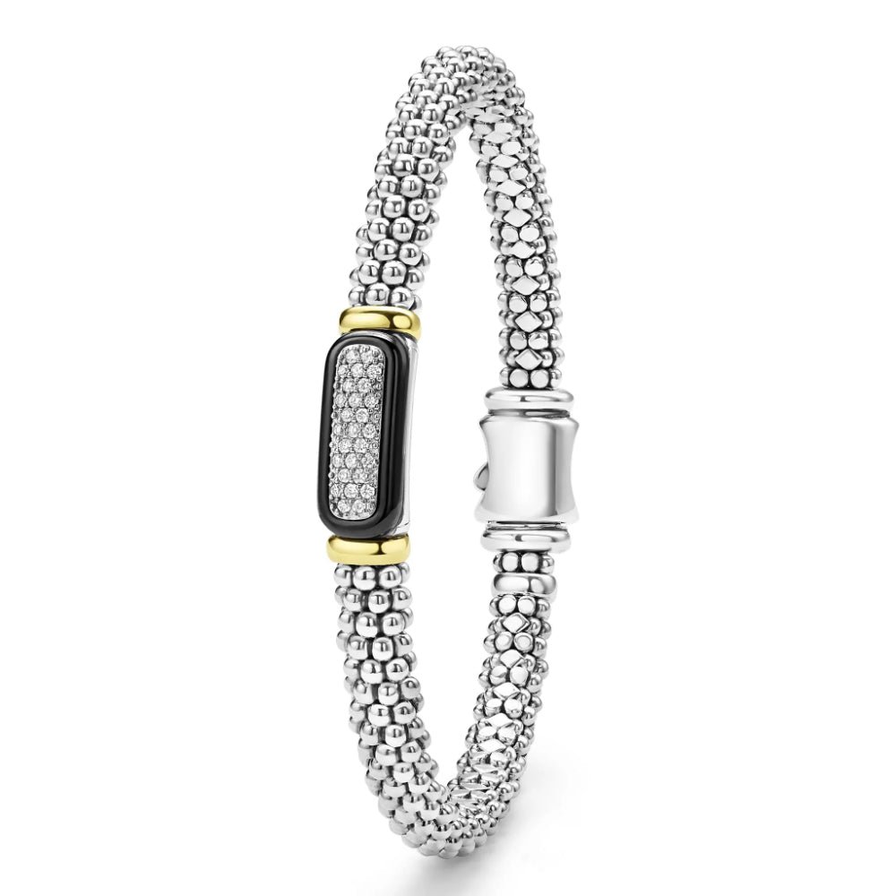 Lagos Black Caviar Two-Tone Black Ceramic Diamond Caviar Bracelet, 6mm