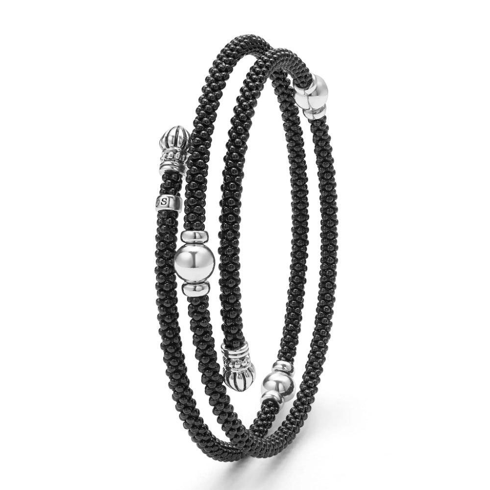 Lagos Black Caviar Black Ceramic Beaded Silver Station Double Wrap Bracelet