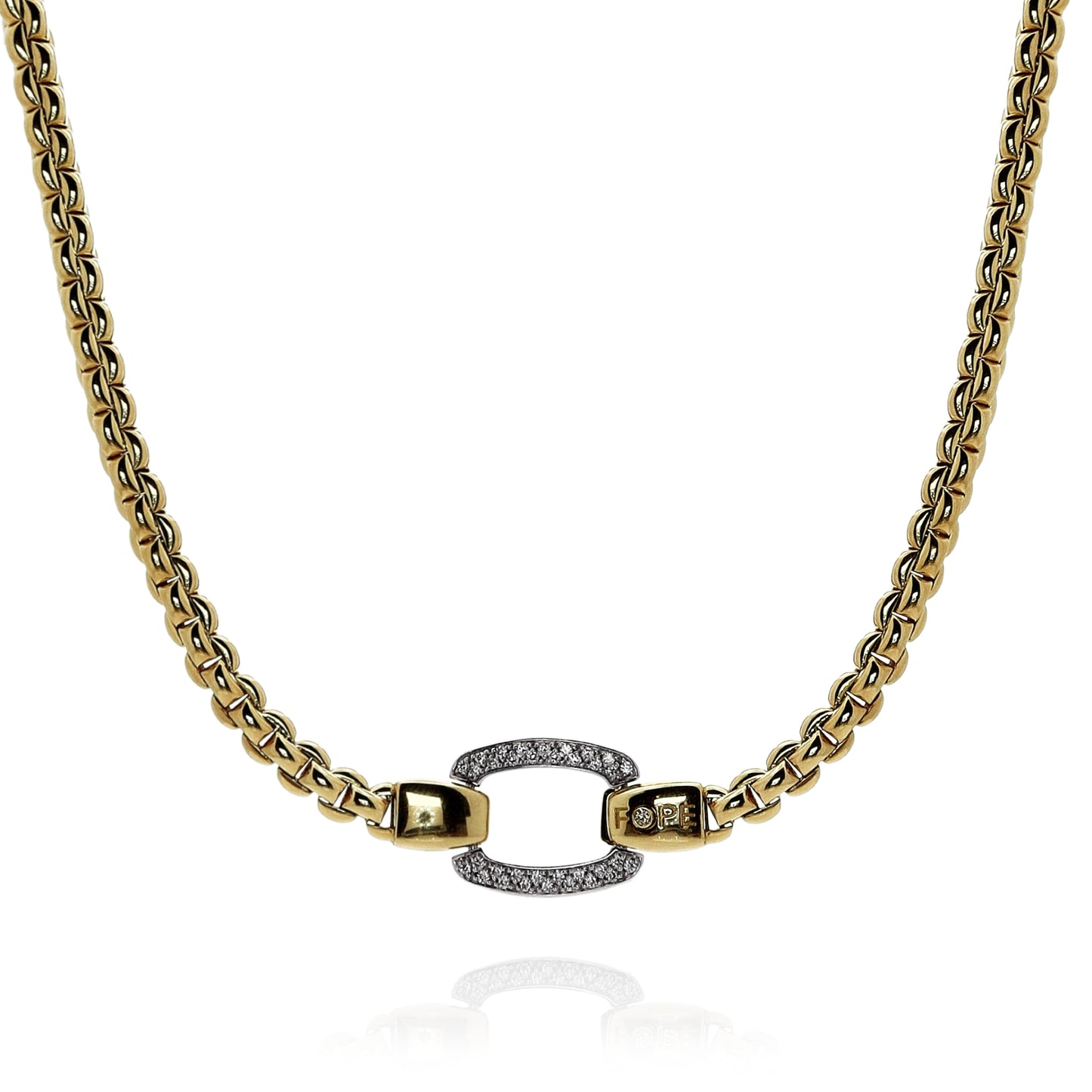 Two-tone gold Fope necklace with a diamond buckle center on a white background