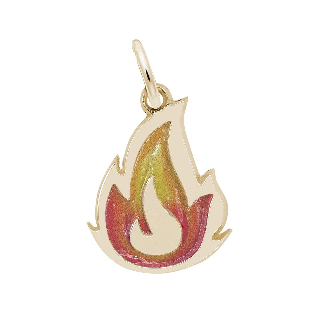 A gold flame shaped charm with red, orange, and yellow enamel detailing, shown on a plain white background.