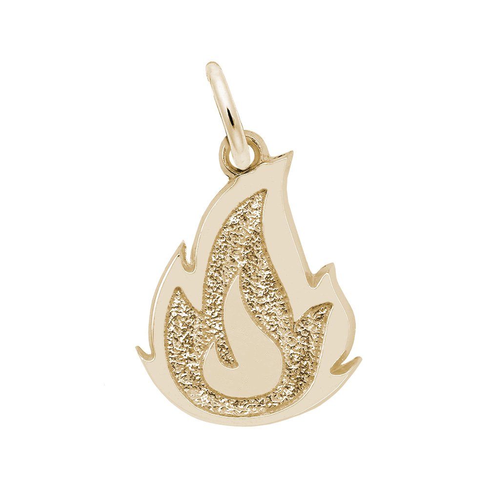 Gold flame shaped charm on a white background