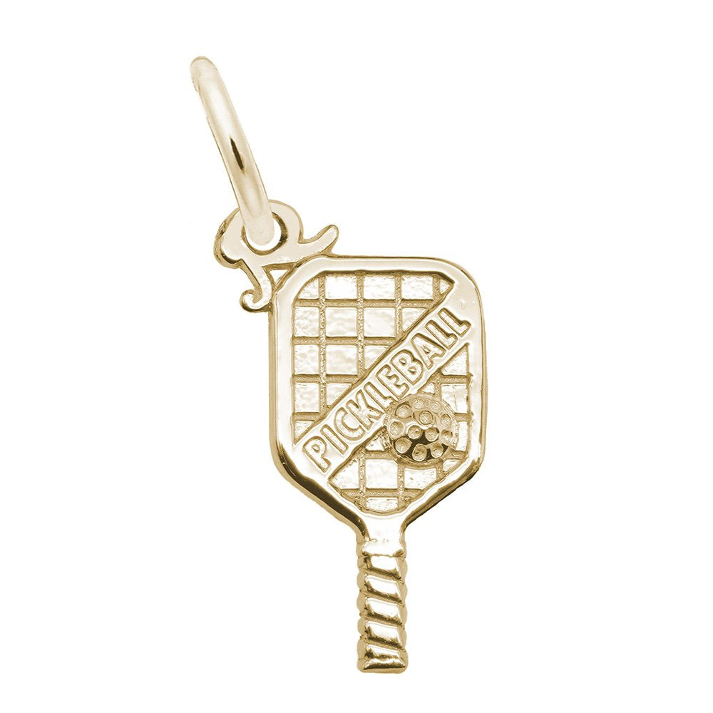 Gold pickleball paddle charm on a white background