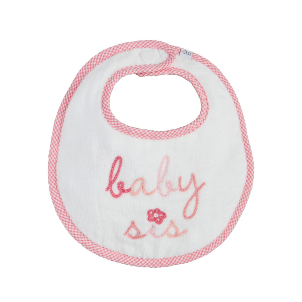 Baby bib with 'baby sis' text on a white background