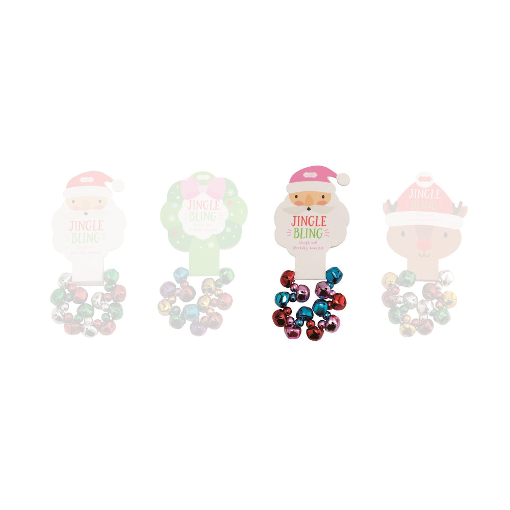 Pink santa christmas-themed jingle bell bracelet with a christmas themed backing of pink santa white background.