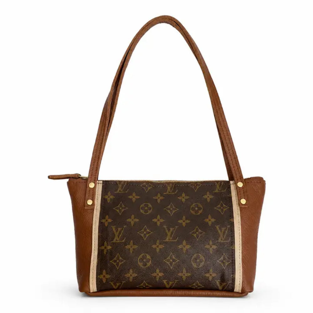 A Louis Vuitton shoulder bag in brown monogram canvas with tan leather trim and double shoulder straps, shown against a plain white background.