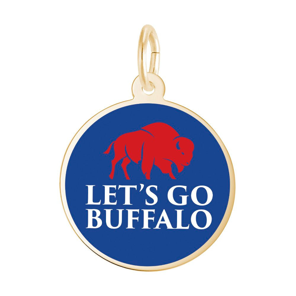 Blue Charm with gold border, red buffalo, and white 'Let's Go Buffalo' text