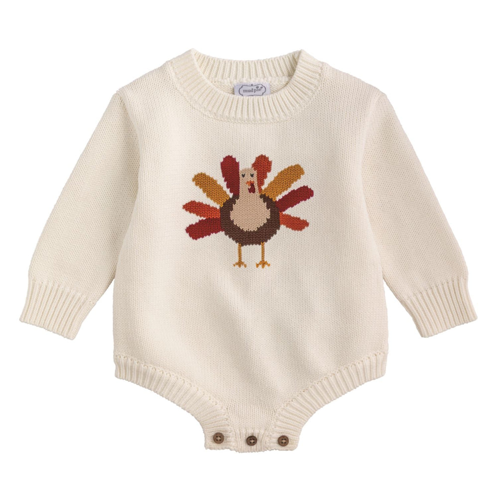 White baby onesie with a turkey design on the front on a white background.