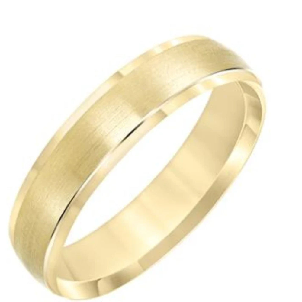 A yellow gold band ring with a brushed matte finish on the outer surface and polished beveled edges, shown on a plain white background.