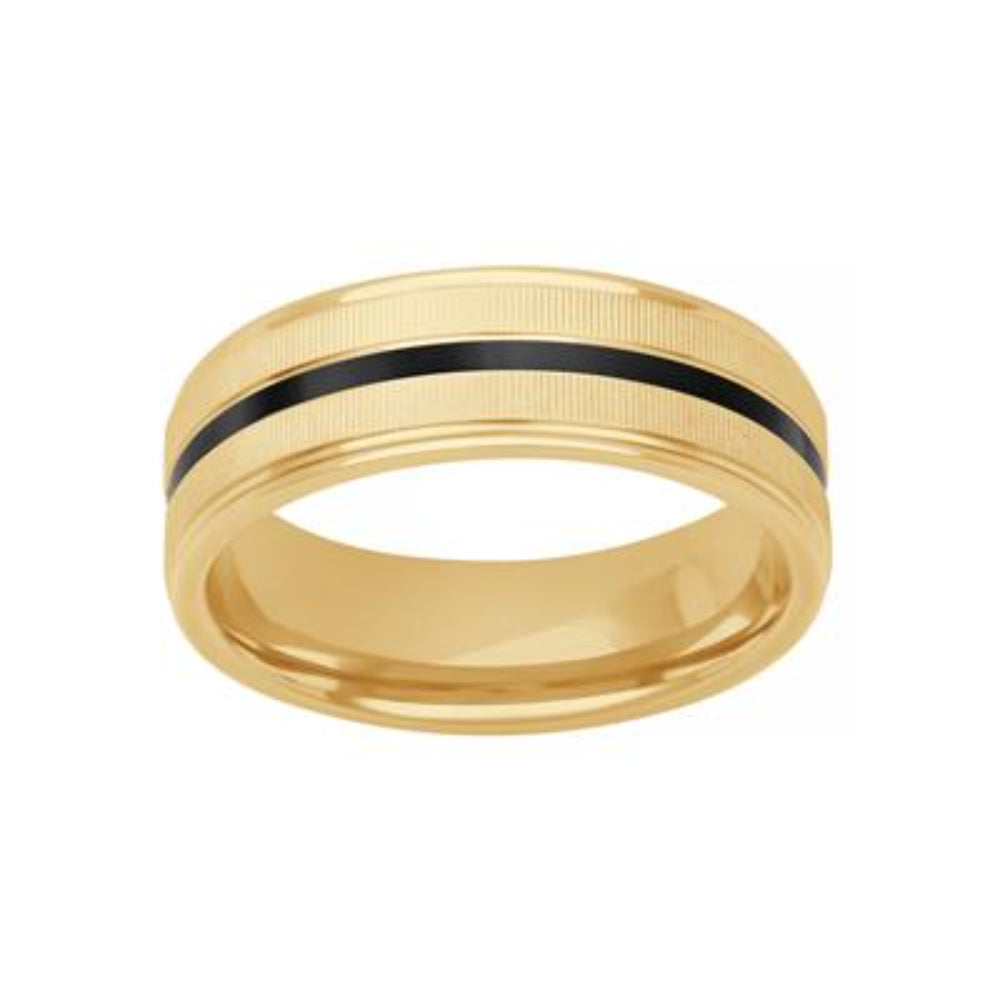 Men's 14k Gold and Ceramic Carved Wedding Band