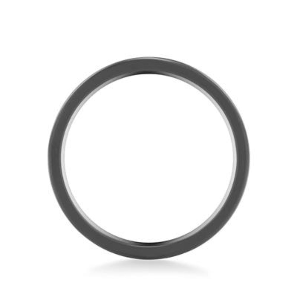 A minimalist matte black metal ring band shown on a clean white background with a soft shadow underneath.