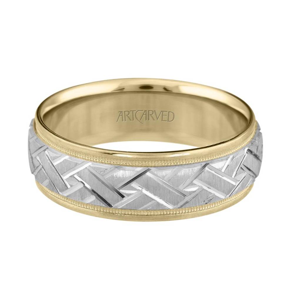 Men's 14k Two-Tone 7mm Low Dome Round Edge Carved Wedding Band