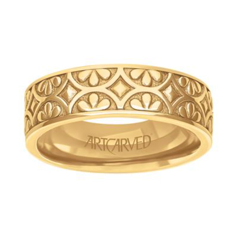 Men's 14k Gold 7mm Carved Geometric Wedding Band
