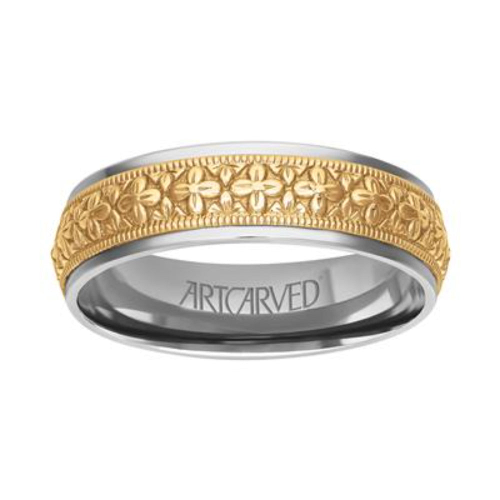 A two-tone ring band featuring a textured yellow gold floral pattern inlay on a silver-colored metal band, with the brand name 'ARTCARVED' engraved inside.