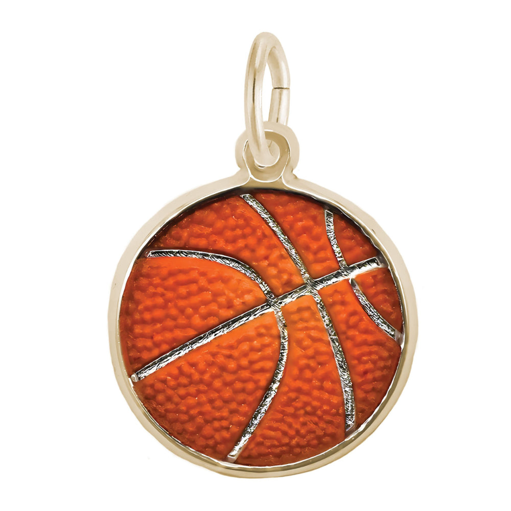 Basketball charm with orange surface and gold border on a white background
