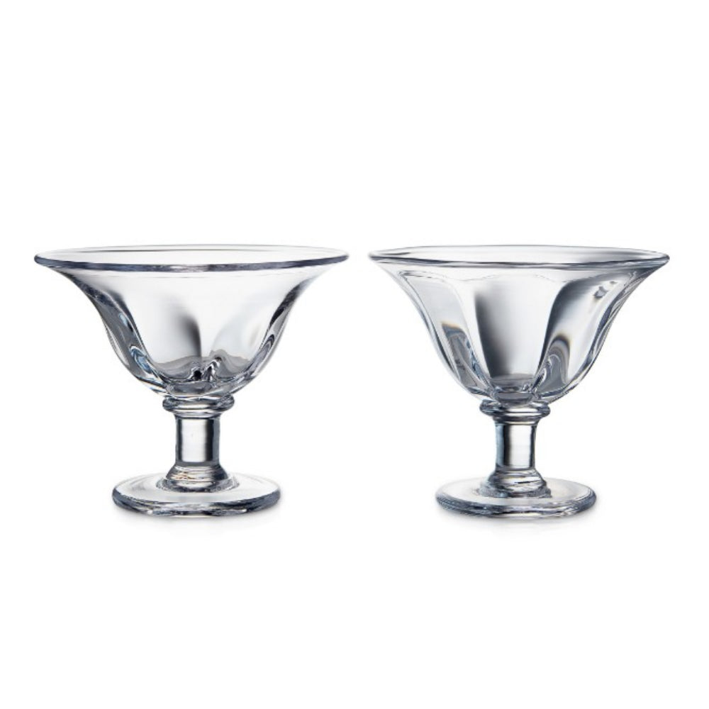 Two clear glass dessert bowls on a white background