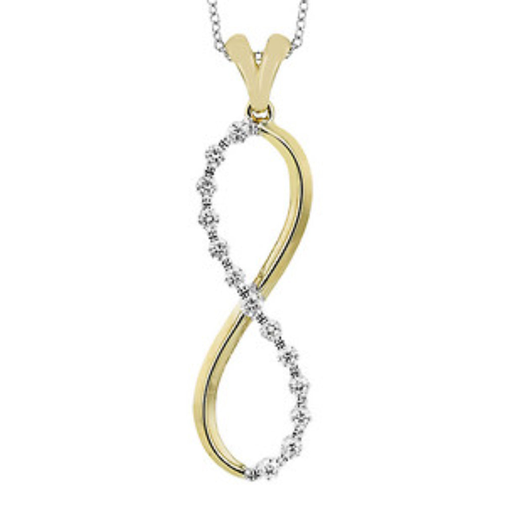 An 18k two-tone gold infinity design pendant necklace with white gold setting and suspended from a chain.