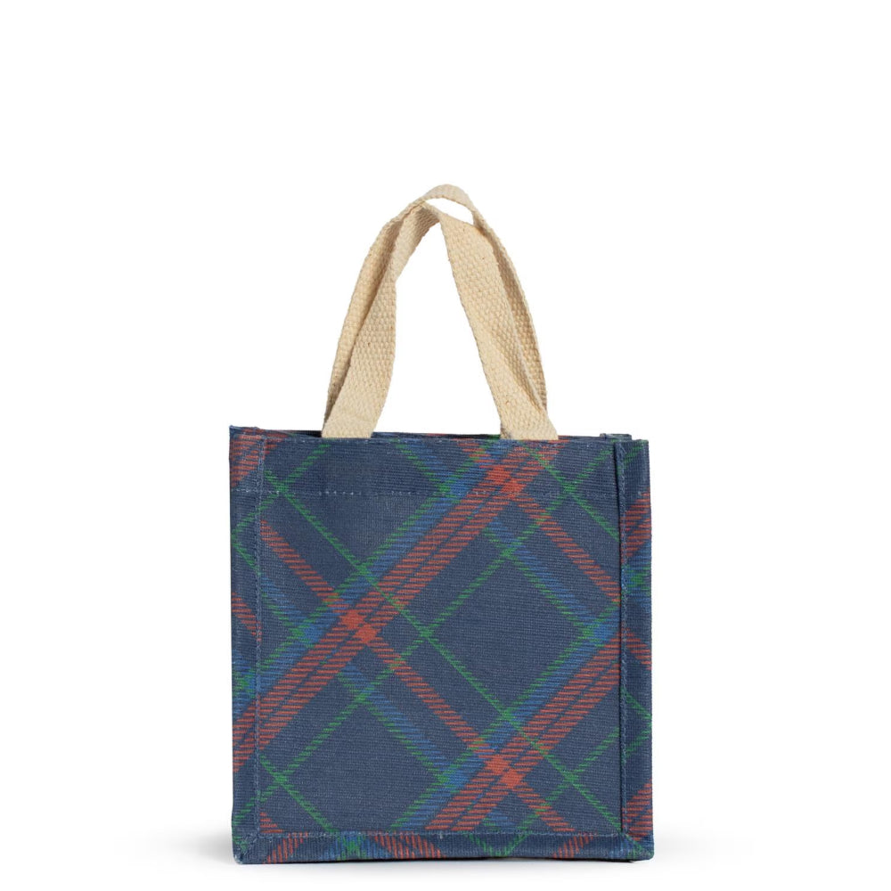 A small tote bag with a navy blue tartan plaid pattern featuring red and green stripes, finished with natural beige canvas handles, shown against a plain white background.