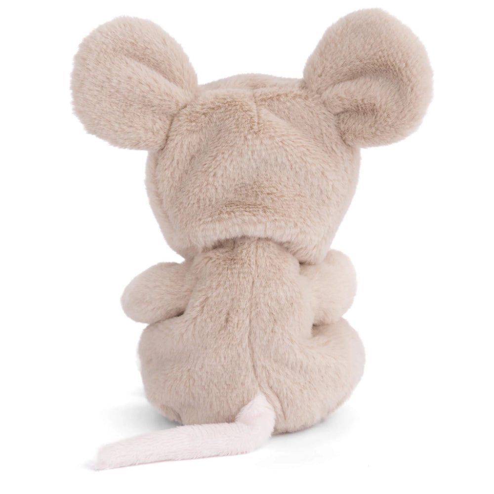 A photo of the back of a white teddy bear in a beige mouse themed robe with hood on a white background.