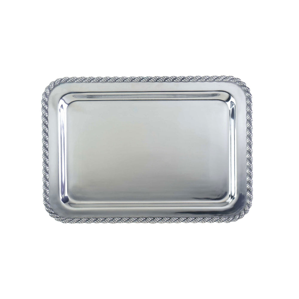 A rectangular aluminum serving tray with rope edge design.