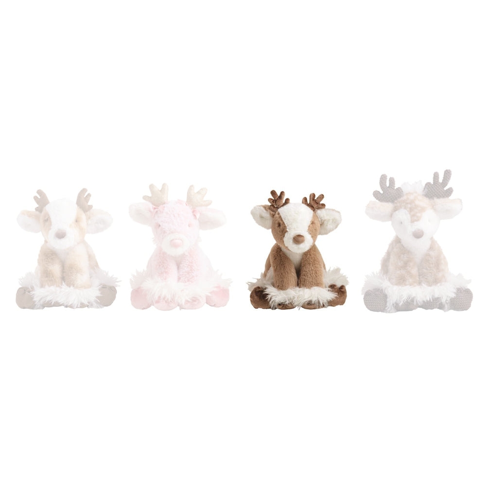 Four plush reindeer toys lined up on a plain white background, shown in different colorways: cream and white, pale pink and white, medium brown and white, and light beige and white.