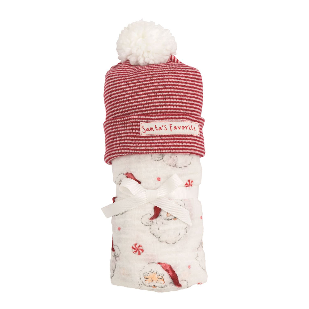 Santa baby swaddle & hat gift set on a white backround.
