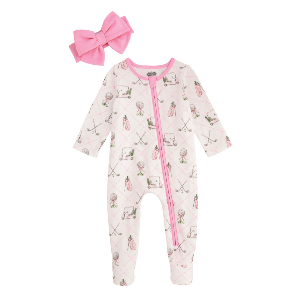 Baby onesie with pink zipper and matching pink bow on a white background.