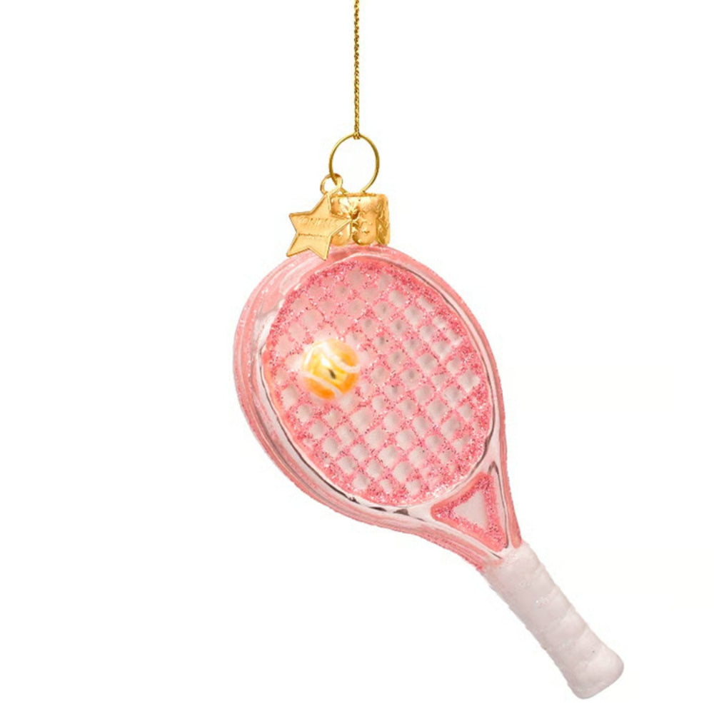 Pink tennis racket ornament with a gold star on a white background