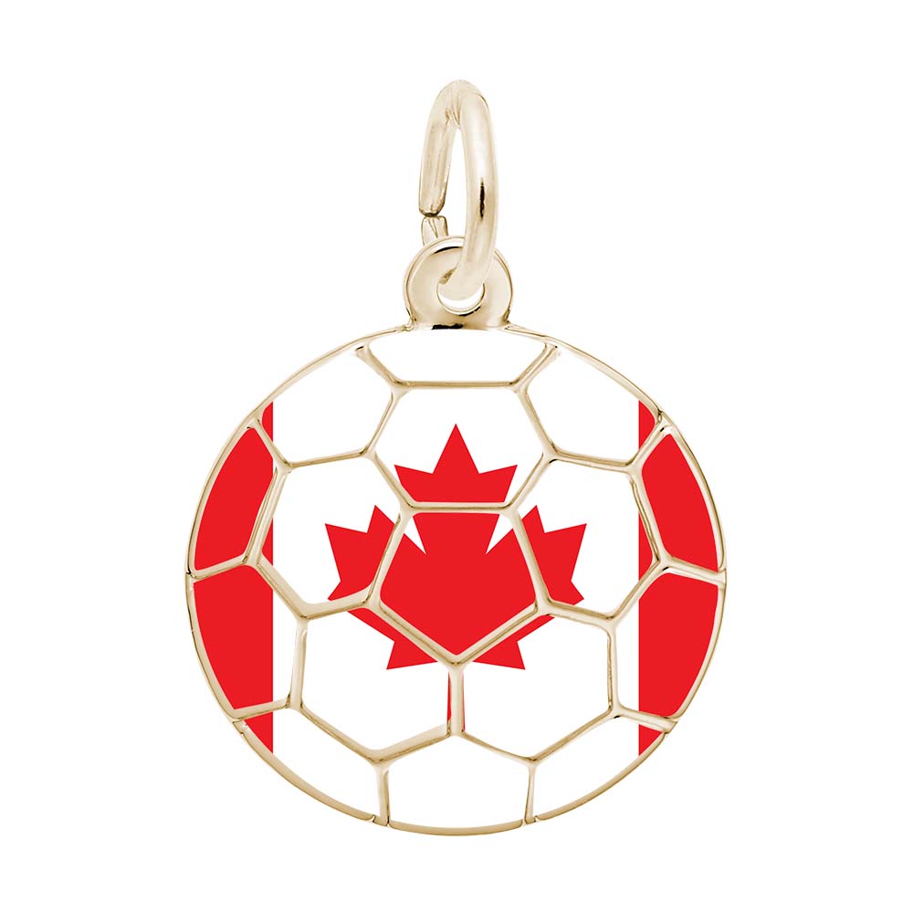 Round Canadian Flag Charm with Gold Soccer Ball markings on a white background