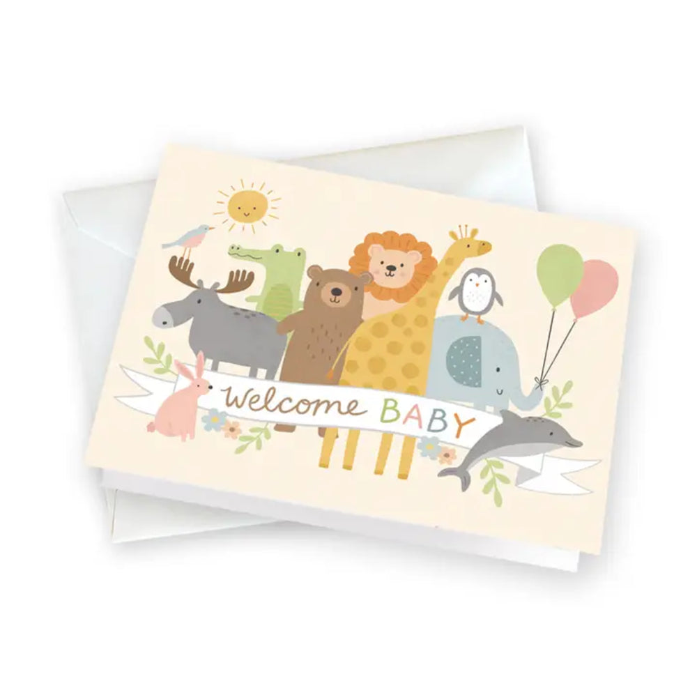 A baby welcome card with a cute cartoon animal illustration, shown with a white envelope behind it on a clean white background. The card features animals like a moose, bear, lion, penguin, giraffe, elephant, rabbit, and dolphin around the words 'Welcome BABY'.