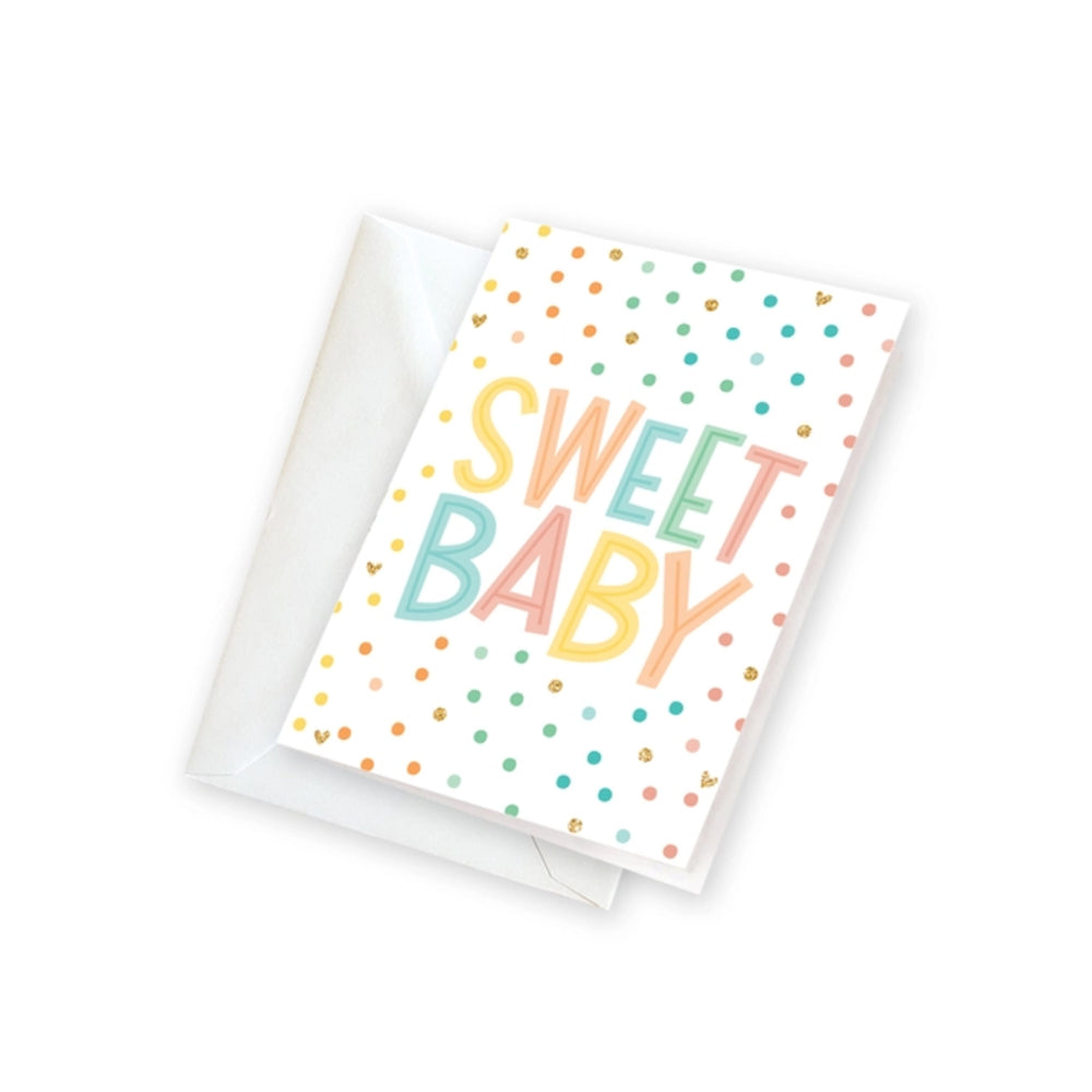 A baby greeting card with the words 'SWEET BABY' in pastel multicolor letters, decorated with small pastel polka dots, shown with a white envelope on a white background.