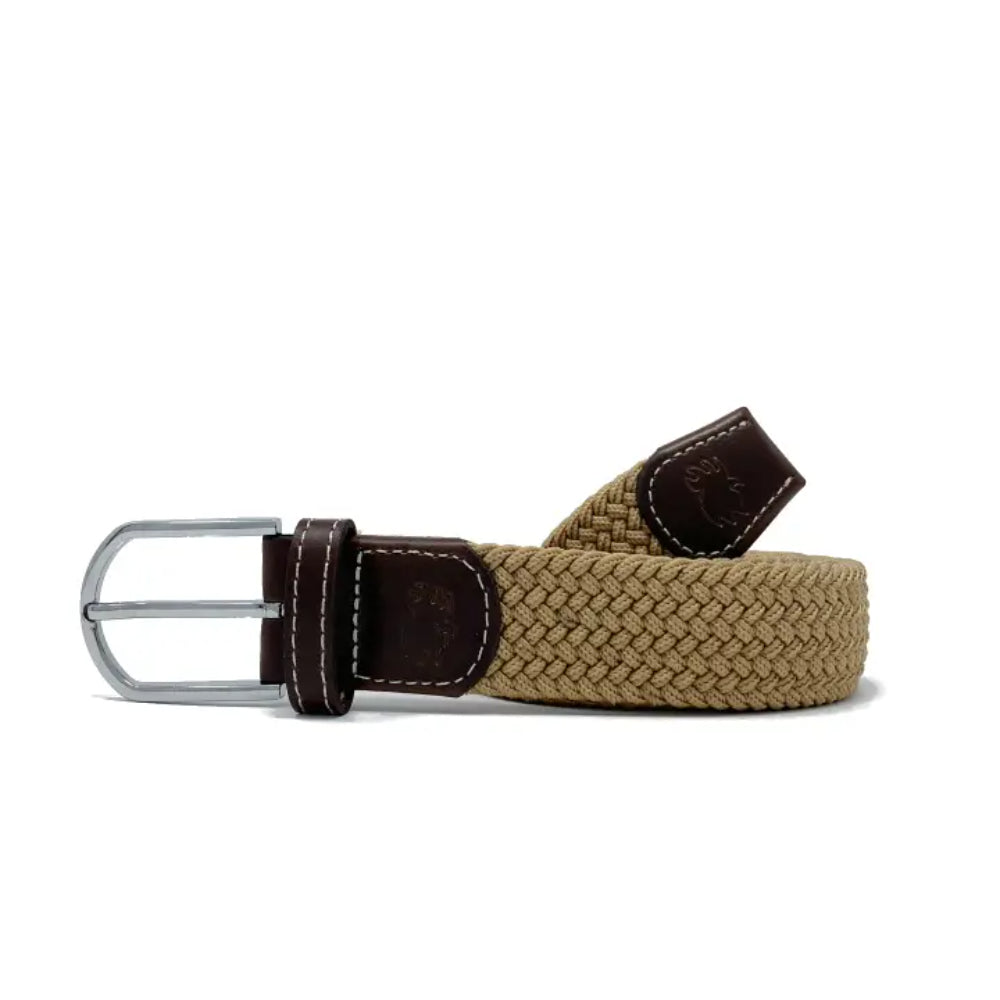 Brown woven belt with a silver buckle on a white background