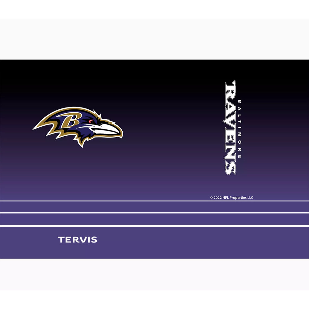 Baltimore Ravens Tervis tumbler with logo and branding on a gradient background.