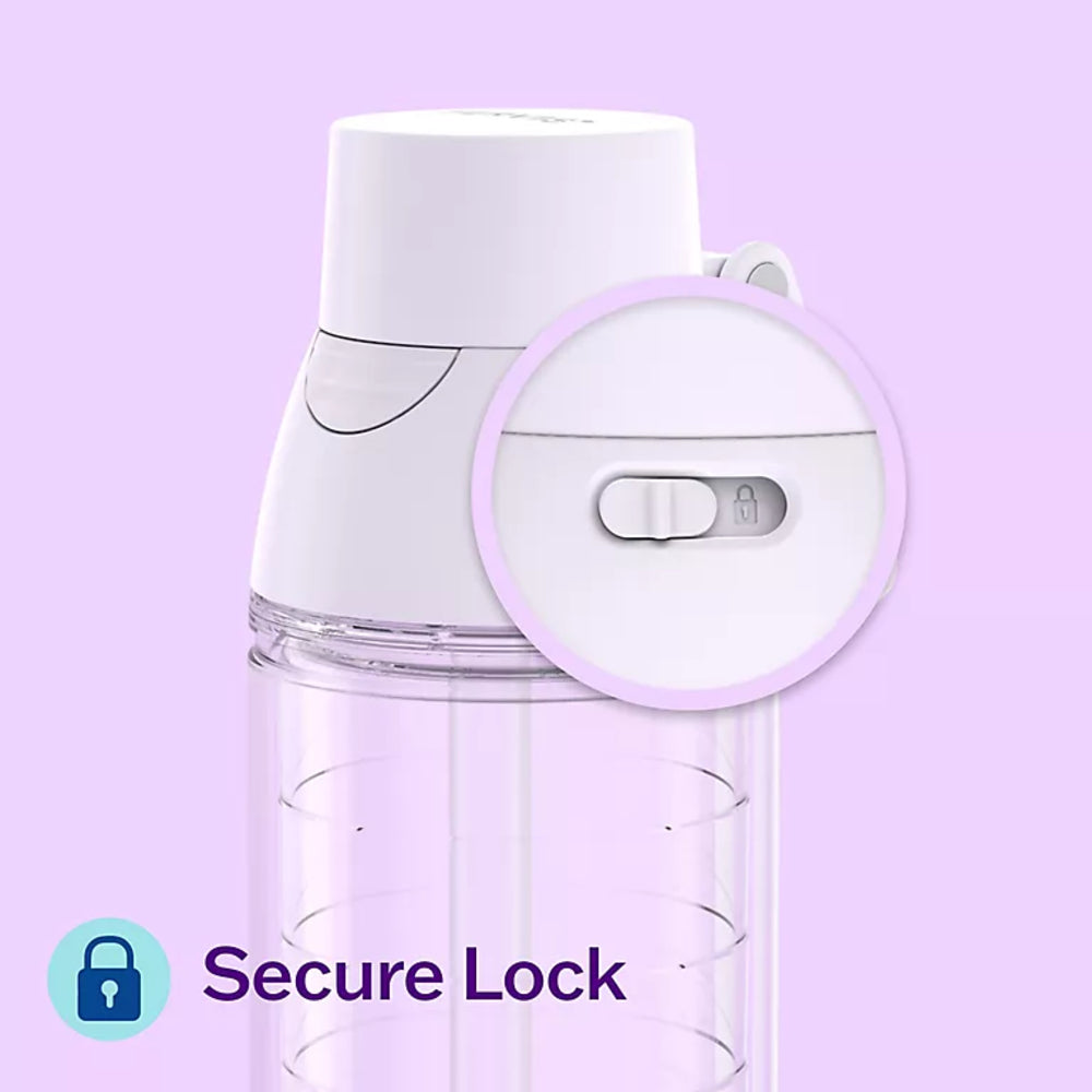 A close-up of a white bottle lid with a transparent bottle body, featuring a circular inset showing a lock switch labeled 'Secure Lock' on a light purple background.